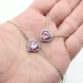 Rodyum Kaplama Sıra Taşlı Pembe Kalp Zincirli Set