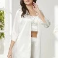 Kaliteli Şık Saten Kadın Pijama Takımı - Ekru