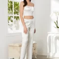 Kaliteli Şık Saten Kadın Pijama Takımı - Ekru