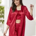 Kaliteli Şık Kırmızı Kadın Pijama Takımı - Sabahlık Dahil