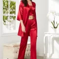 Kaliteli Şık Kırmızı Kadın Pijama Takımı - Sabahlık Dahil