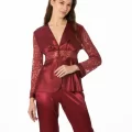 Kaliteli Şık Saten Dantelli Kadın Pijama Takımı - Bordo