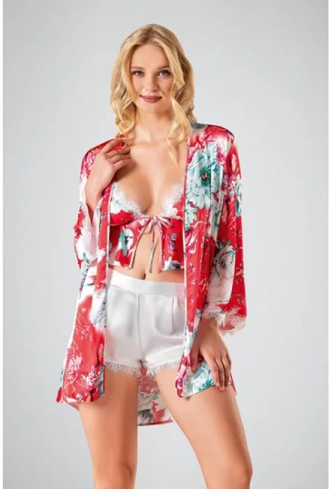 Kaliteli Kırmızı Çiçek Desenli Bodysuit 3lü Şort Takımı