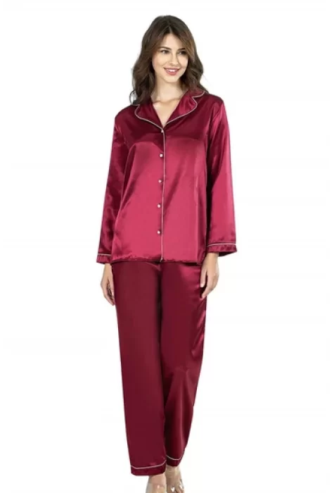 Bordo Şık Saten Gecelik Pijama Takımı