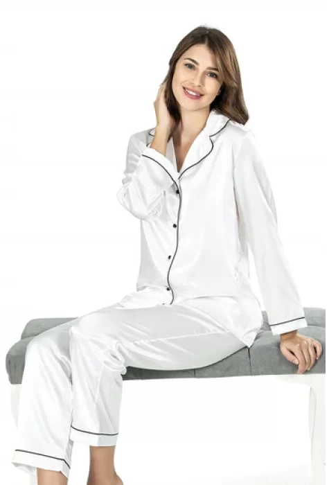 Kaliteli Ekru Saten Şık Gecelik Pijama