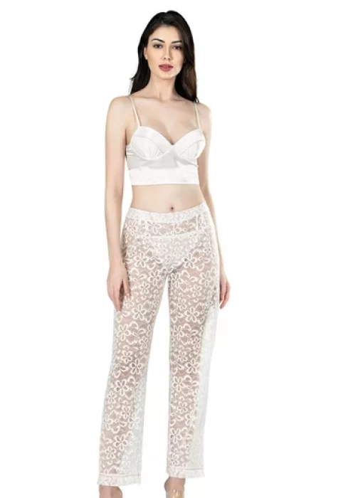 Ekru Şık Üçlü Büstiyerli Saten Sabahlık Gecelik Pijama