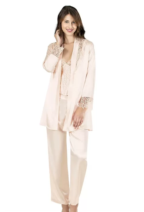 Fildişi Şık Üçlü Saten Gecelik Pijama Takımı