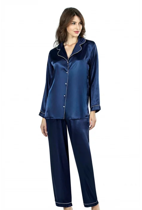 Lacivert Şık Saten Gecelik Pijama Takımı