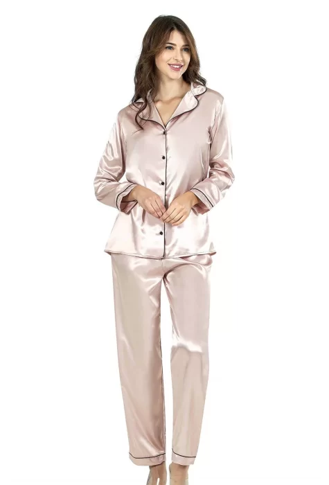 Kaliteli Şık Pudra İkili Saten Gecelik Pijama