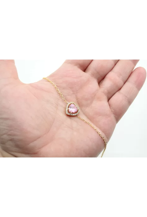 Altın Kaplama Sıra Taşlı Pembe Kalp-Zincirli Bileklik