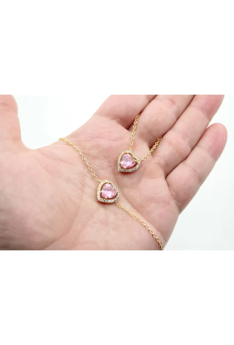 Altın Kaplama Sıra Taşlı Pembe Kalp-Zincirli Set