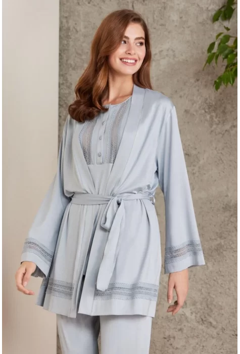 Dantelli Şık Mist Renk 3lü Pijama Takımı