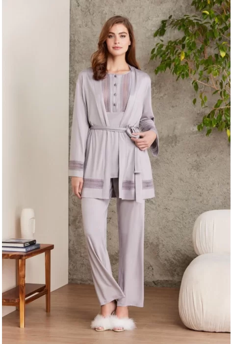 Dantelli Şık 3lü Pijama Takımı - Royal