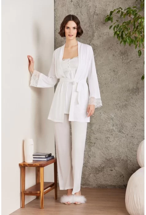 Kaliteli Şık 3lü Pijama Takımı - Ekru
