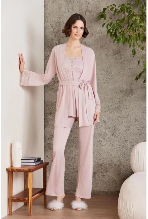 Dantelli Şık 3lü Pijama Takımı - Pudra Renk