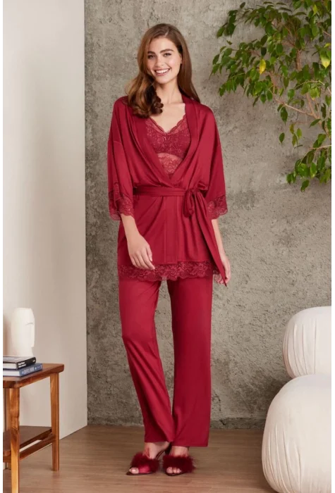 Kaliteli Şık Bordo 3Lü Pijama Takımı