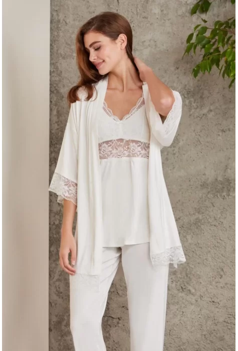 Kaliteli Şık 3Lü Lohusa Pijama Takımı - Ekru