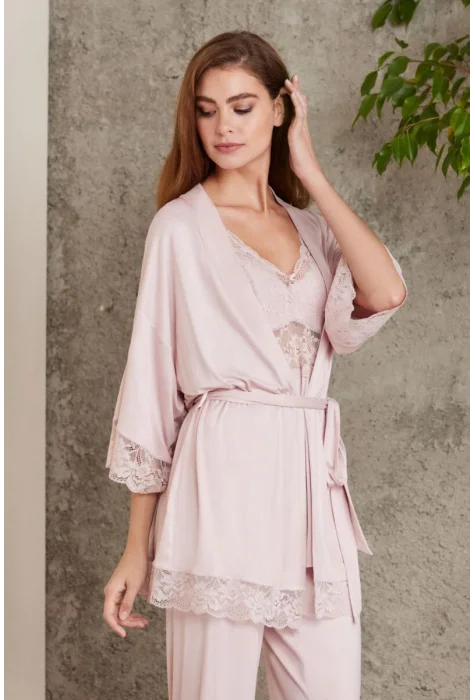 Kaliteli Şık 3Lü Pijama Takımı - Pudra Renk