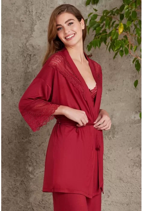 Kaliteli Şık Bordo 3Lü Pijama Takımı