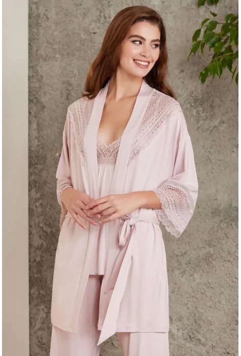 Kaliteli Şık 3Lü Pijama Takımı - Pudra Renk