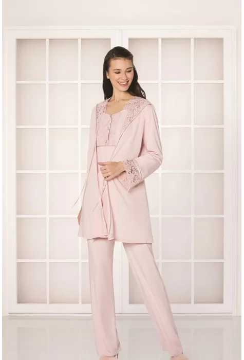 Güpürlü Şık Penye Pijama Takımı - Pudra Renk