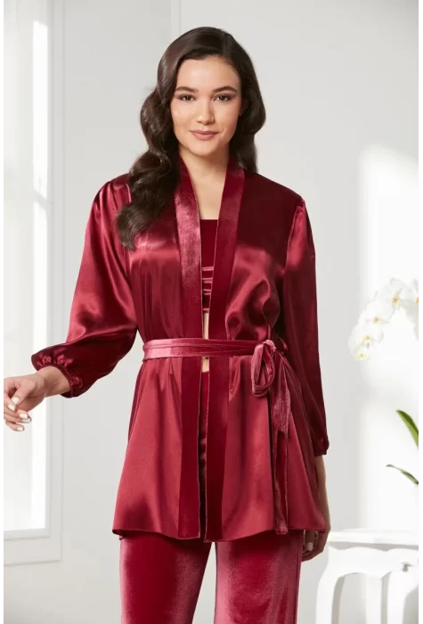 Kaliteli Kadın Şık Crop Pijama Takımı - Bordo Renk