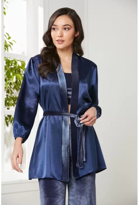 Kadife Şık Kadın Crop Pijama Takımı Lacivert