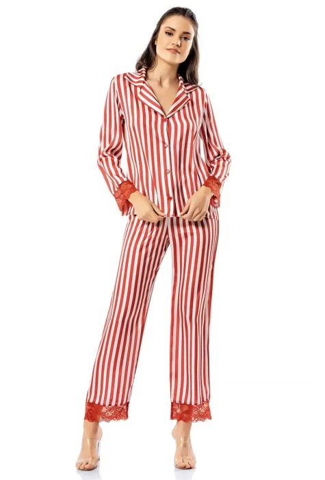 Çizgili Şık Kiremit Gecelik Pijama Takımı