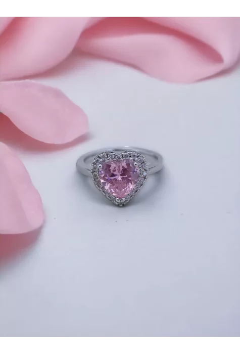 Pembe Kalp Detaylı Yüzük Gümüş Renk