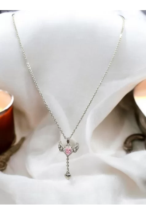 Pembe Zirkon Taşlı Kanatlı Çelik Kolye
