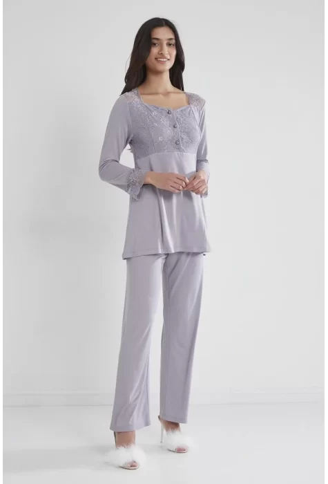 Penye Şık Dantelli Lohusa Pijama Takımı - Royal