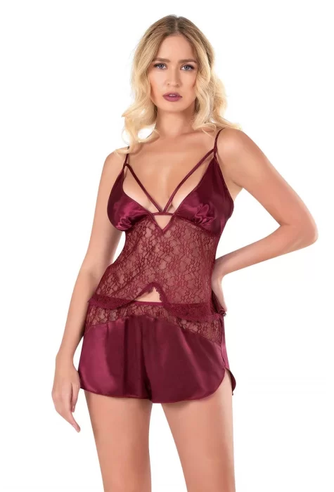 Bordo Şık Saten Babydoll Şort Takımı