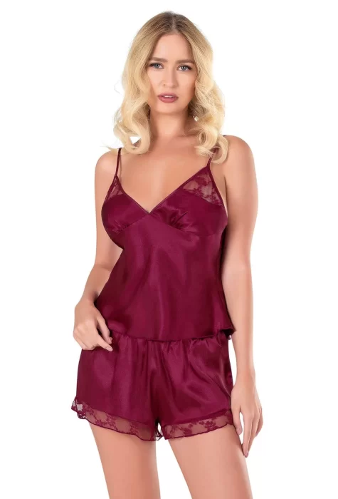 Bordo Şık Saten Babydoll Şort Takımı