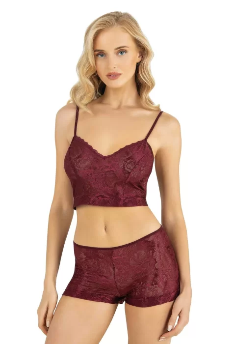 Bordo Şık Saten Şort Takımı