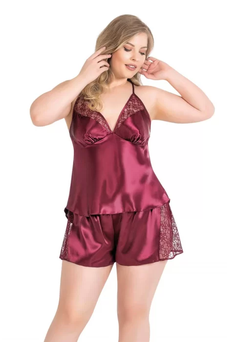 Büyük Beden Şık Bordo Saten Babydoll Şort Takımı