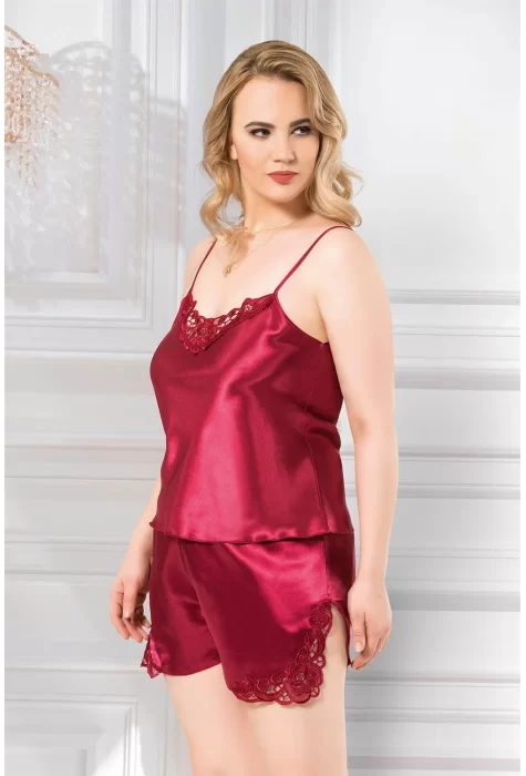 Büyük Beden Şık Bordo Saten Babydoll Şort Takımı