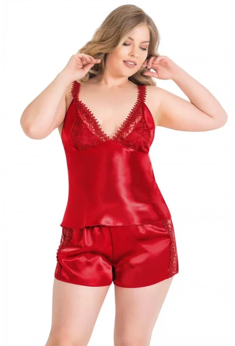Büyük Beden Şık Kırmızı Saten Babydoll Şort Takımı
