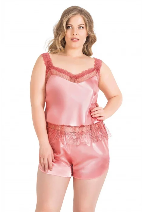 Büyük Beden Şık Mercan Saten Babydoll Şort Takımı