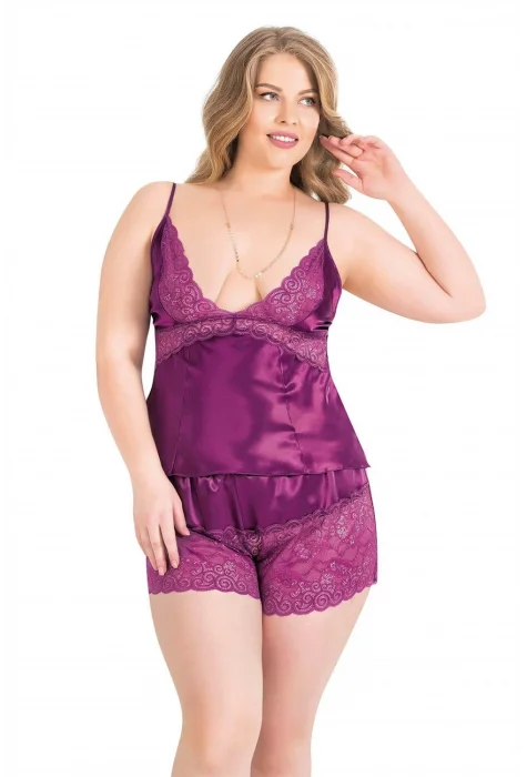 Büyük Beden Şık Mor Saten Babydoll Şort Takımı