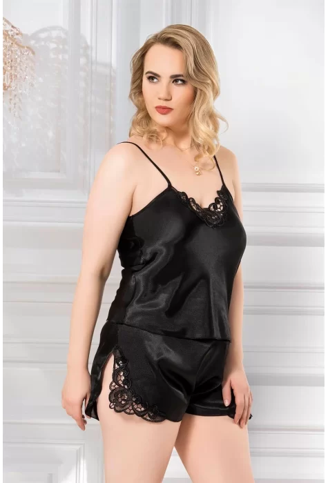 Büyük Beden Şık Siyah Saten Babydoll Şort Takımı