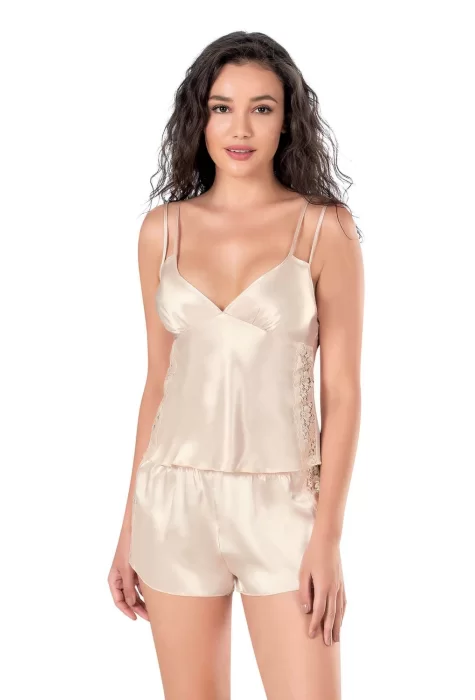 Fildişi Saten Şık Babydoll Şort Takımı