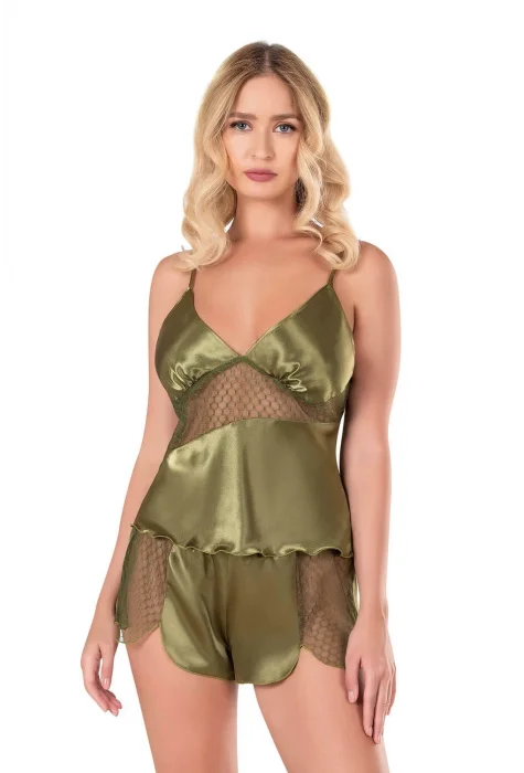 Haki Şık Saten Babydoll Şort Takımı