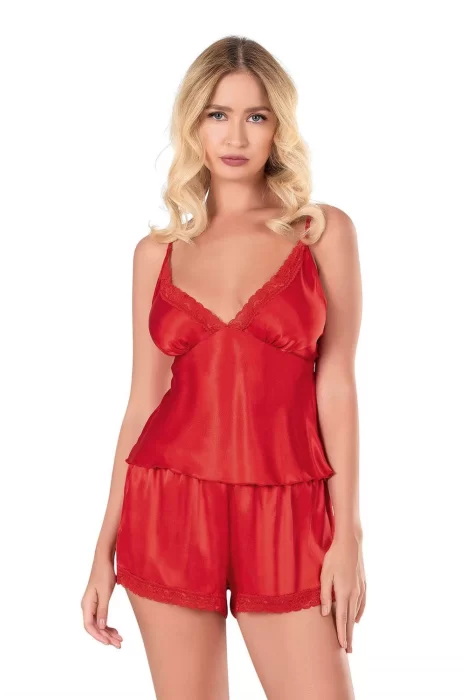 Kırmızı Şık Saten Babydoll Şort Takımı