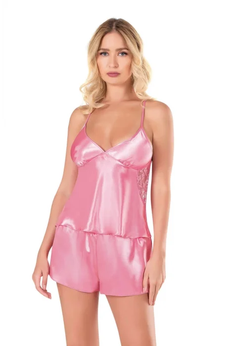 Kaliteli Şık Koyu Pembe Saten Babydoll Şort Takımı
