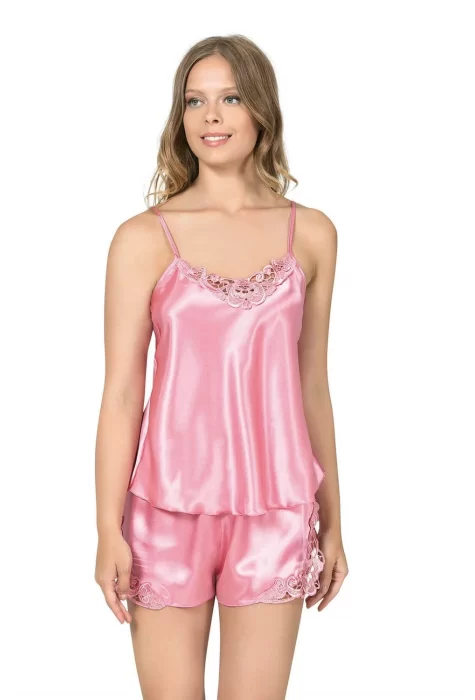 Kaliteli Koyu Pembe Saten Babydoll Şort Takımı