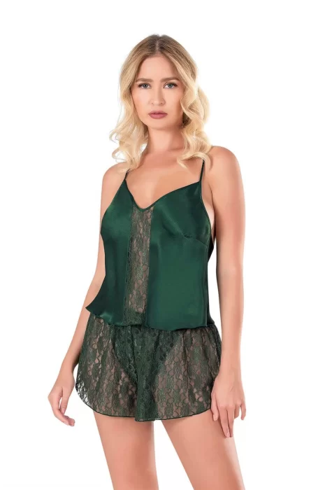 Koyu Yeşil Şık Saten Babydoll Şort Takımı