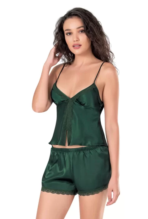 Kaliteli Koyu Yeşil Saten Babydoll Şort Takımı
