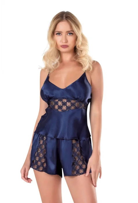 Lacivert Şık Saten Babydoll Şort Takımı
