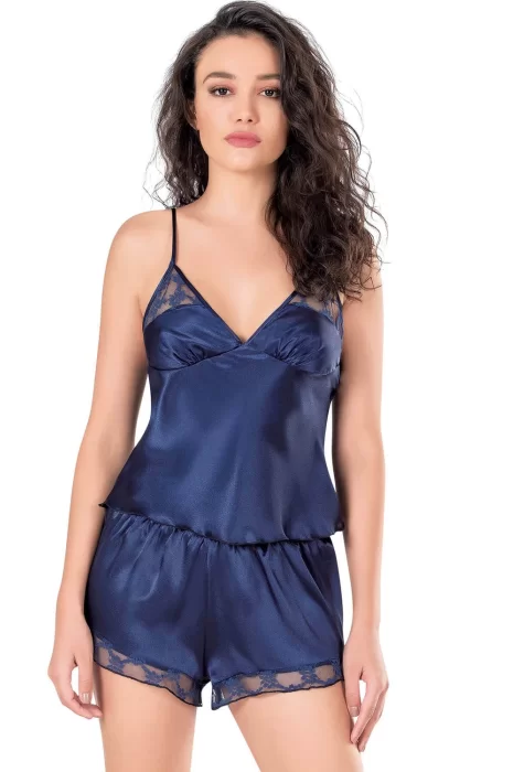 Lacivert Şık Saten Babydoll Şort Takımı