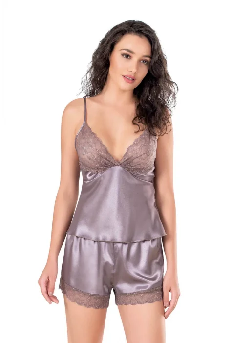 Lila Şık Saten Babydoll Şort Takımı
